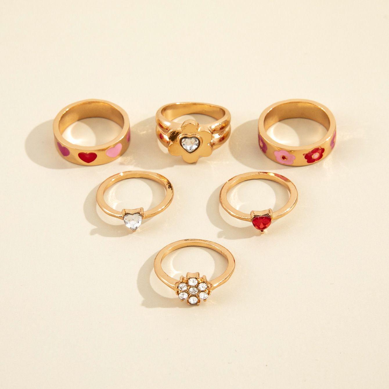 European And American Cross-border New Product Retro Color Love Flower Rhinestone Joint Ring Fashion Six-piece Set display picture 3