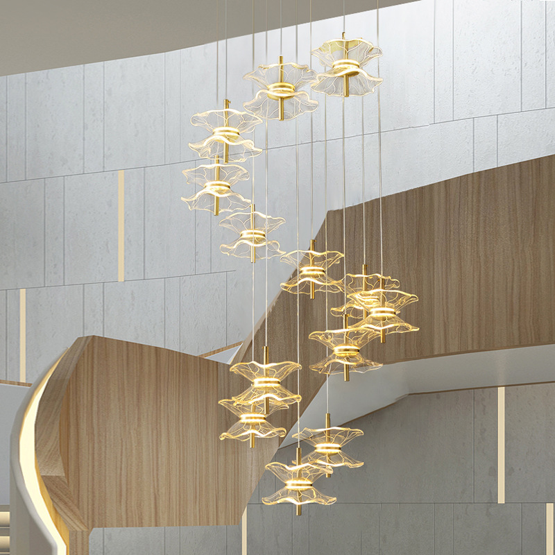 全铜楼梯吊灯别墅复式楼简约楼中楼后现代轻奢水晶灯楼梯间长吊灯
