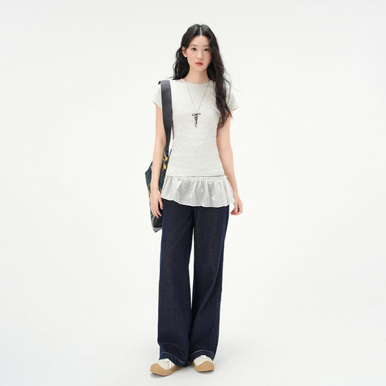 Jiyou 2025 Summer Round Neck Basic Wear Cotton Shoulder T-shirt Women's American-style Slim-fit Short-sleeved Top
