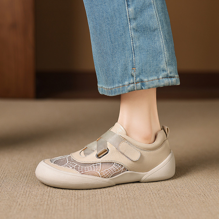Giày sneaker nữ phối màu da thật lỗ thoáng khí đế bệt buộc dây kết hợp miếng dán — màu trắng ngà chi tiết 43