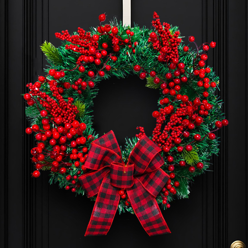 クロスボーダークリスマス赤と黒のチェック柄リボンガーランドクリスマスカントリーレッドシミュレーションベリーラタンサークルドア吊り装飾|undefined