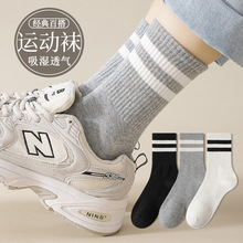 灰色纯棉运动袜子女士吸汗透气中筒袜春秋抗起球百搭二杠条纹女袜