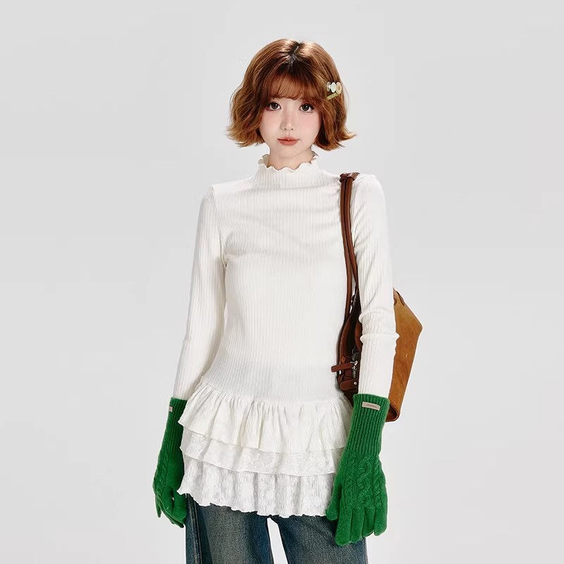 Women's base T-shirt with half-high collar and long sleeves, new autumn and winter style, multi-layered lace, slim-fit inner layer base shirt Women's base T-shirt with half-high collar and long sleeves, new autumn and winter style, multi-layered lace, slim-fit inner layer base shirt