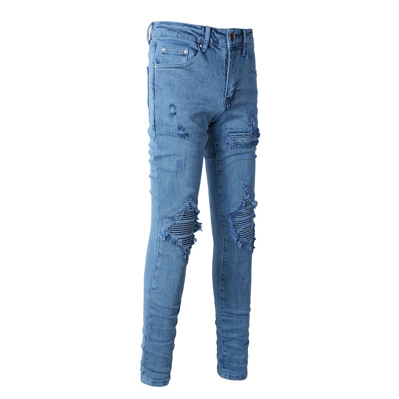 Abbigliamento maschile stesso stile baffi di gatto stropicciati blu patchwork buco elastico slim fit jeans skinny jeans_voghion.com