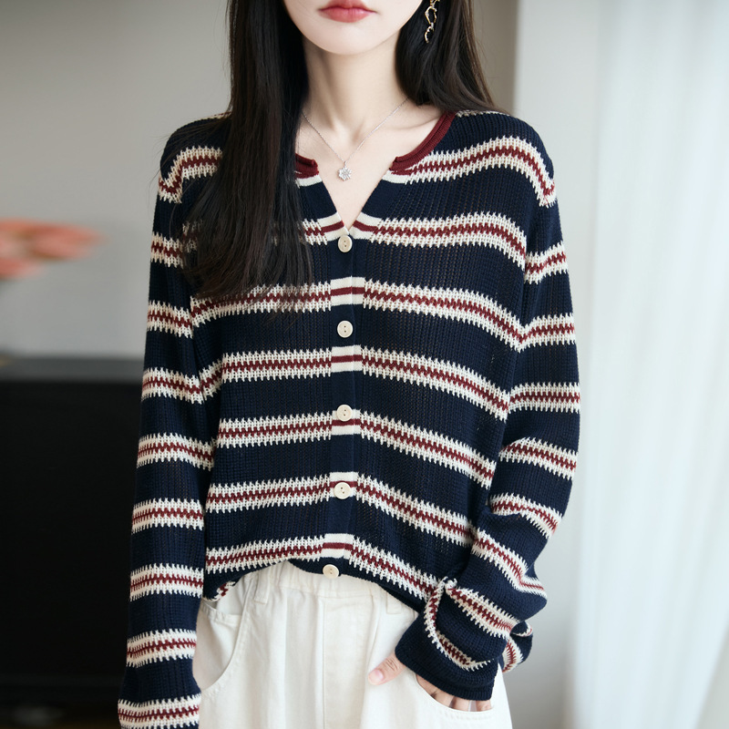 2025 New Autumn and Winter Women's Woolen Cardigan V Neck Rolled Edge Stripesd Outwear Knitted Knitwear Long-Sleeved Top Loose Casual