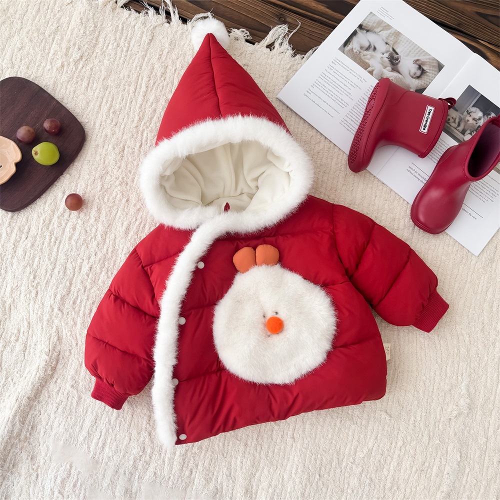 Ropa de algodón de invierno para bebés y niños pequeños, Navidad engrosada, cálida, cómoda y suave, ropa de Año Nuevo para bebés, ropa de salida roja con capucha