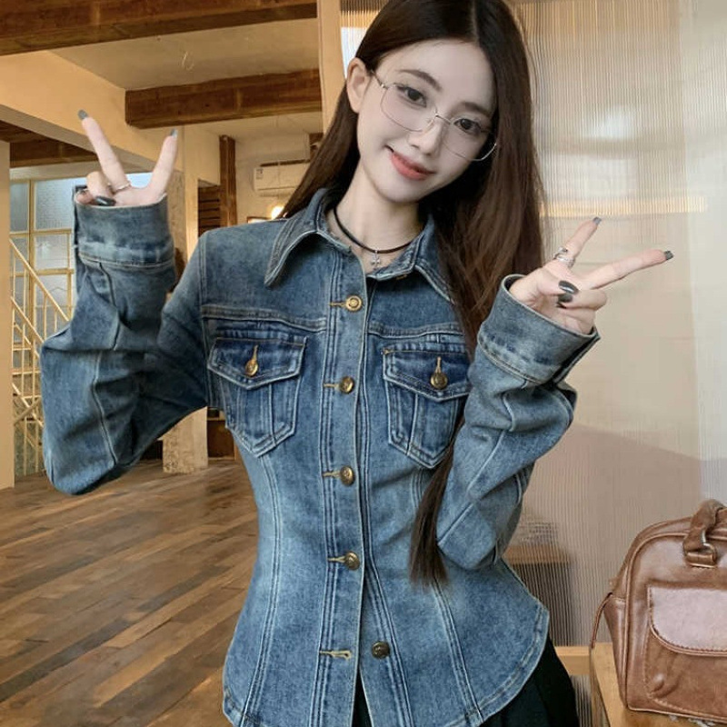 美式复古蓝色牛仔衬衫外套女早春秋季高级感修身收腰百搭短款上衣|undefined