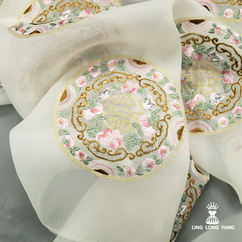 复古重工团花刺绣欧根纱布料 新中式国风绣花连衣裙马甲服装面料