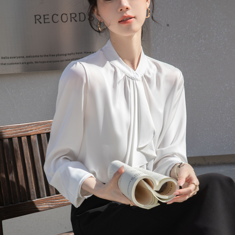 French Style Elegant Design Bow-tie 2025 Spring and Autumn White Long-sleeved Shirt Women's Elegant Commuter Professional Shirt