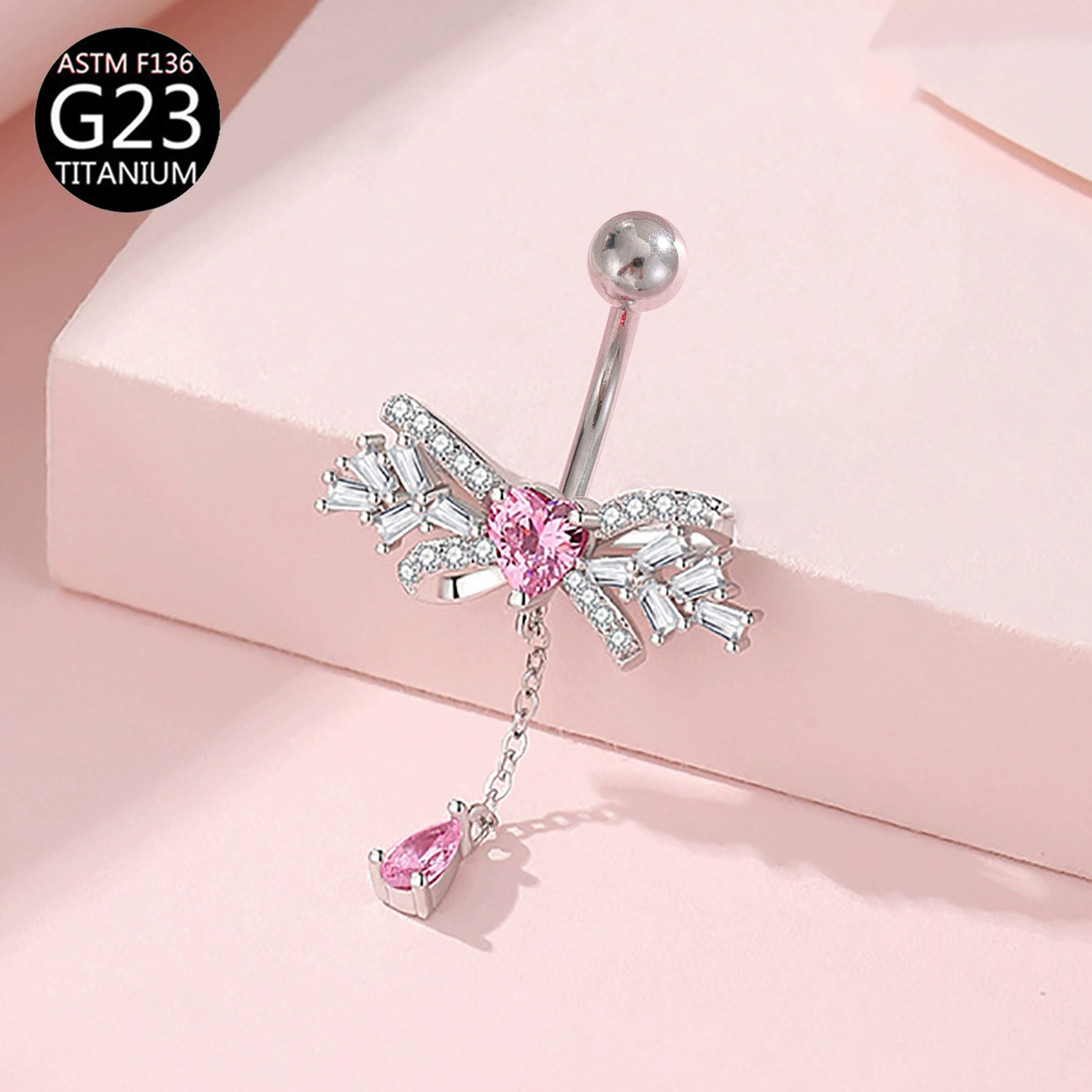 Fuchsia belly button piercing with bow, pendant drop-shaped, European style