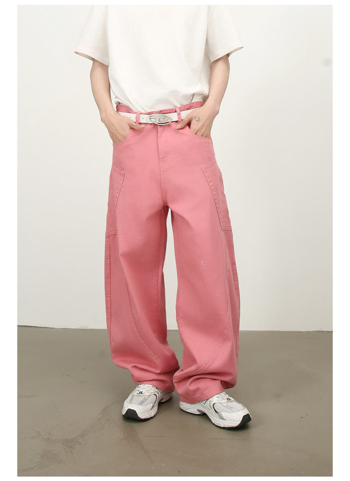 Quần jean nam ống rộng phong cách đường phố retro, nhiều túi hộp, dáng lỏng lẻo — Denim đen, Trắng, màu hồng, màu xanh chi tiết 17