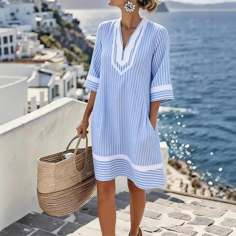 2026 New European and American Style V-Neck Striped Loose Beach Dress Casual Short-Sleeved Sun Protection Seaside Vacation Dress 2026 New European and American Style V-Neck Striped Loose Beach Dress Casual Short-Sleeved Sun Protection Seaside Vacation Dress
