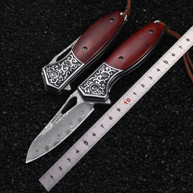 户外野营求生多功能随身携带小刀锋利开刃大马士革钢高硬度折叠刀