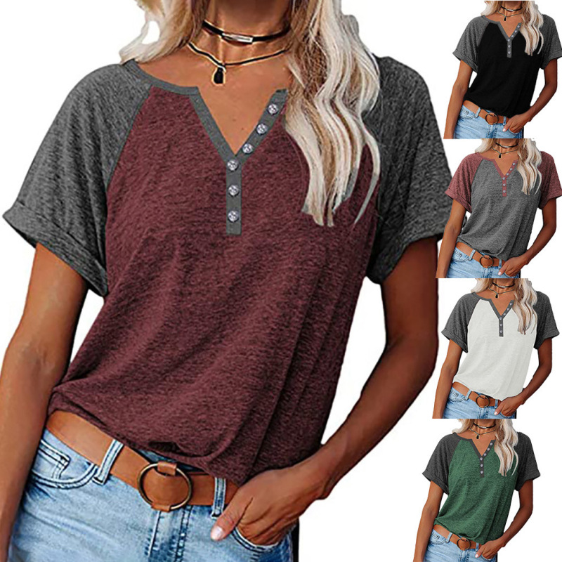 2025 アマゾン春夏の女性の新しいトップスヨーロッパとアメリカのゆったりとした大きいサイズのカラーブロック半袖 T シャツ女性用|undefined