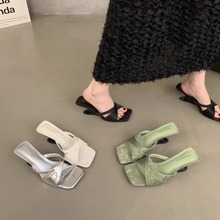 新中式坡跟凉鞋仙女鞋夏季新款韩版设计感一字拖高跟鞋银色凉拖鞋