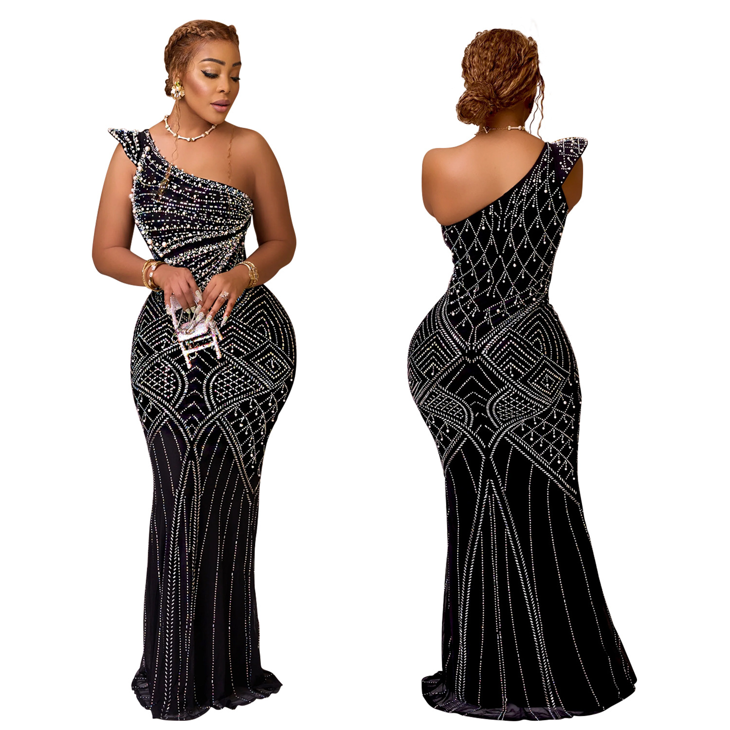 C6818 transfronteriza AliExpress Amazon moda europea y americana de las mujeres de color sólido rhinestone vestido de cuello oblicuo vestido image 7