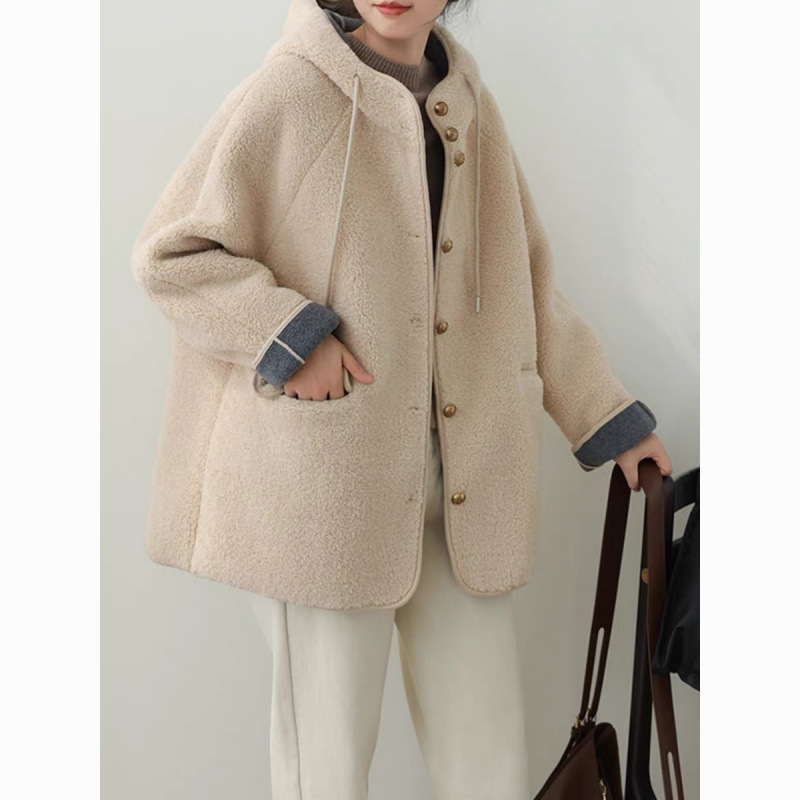 羊羔毛绒外套女秋冬新款连帽宽松百搭加绒加厚保暖颗粒毛毛上衣