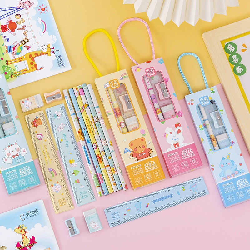 Portable five‑piece stationery set for kids — colorful kindergarten/elementary school gift, 6 designs