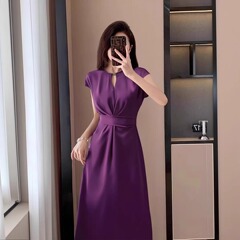 夏の新しいスタイルのハイエンド通勤半袖ウエストストラップスリムパープルドレス女性用 A4170
