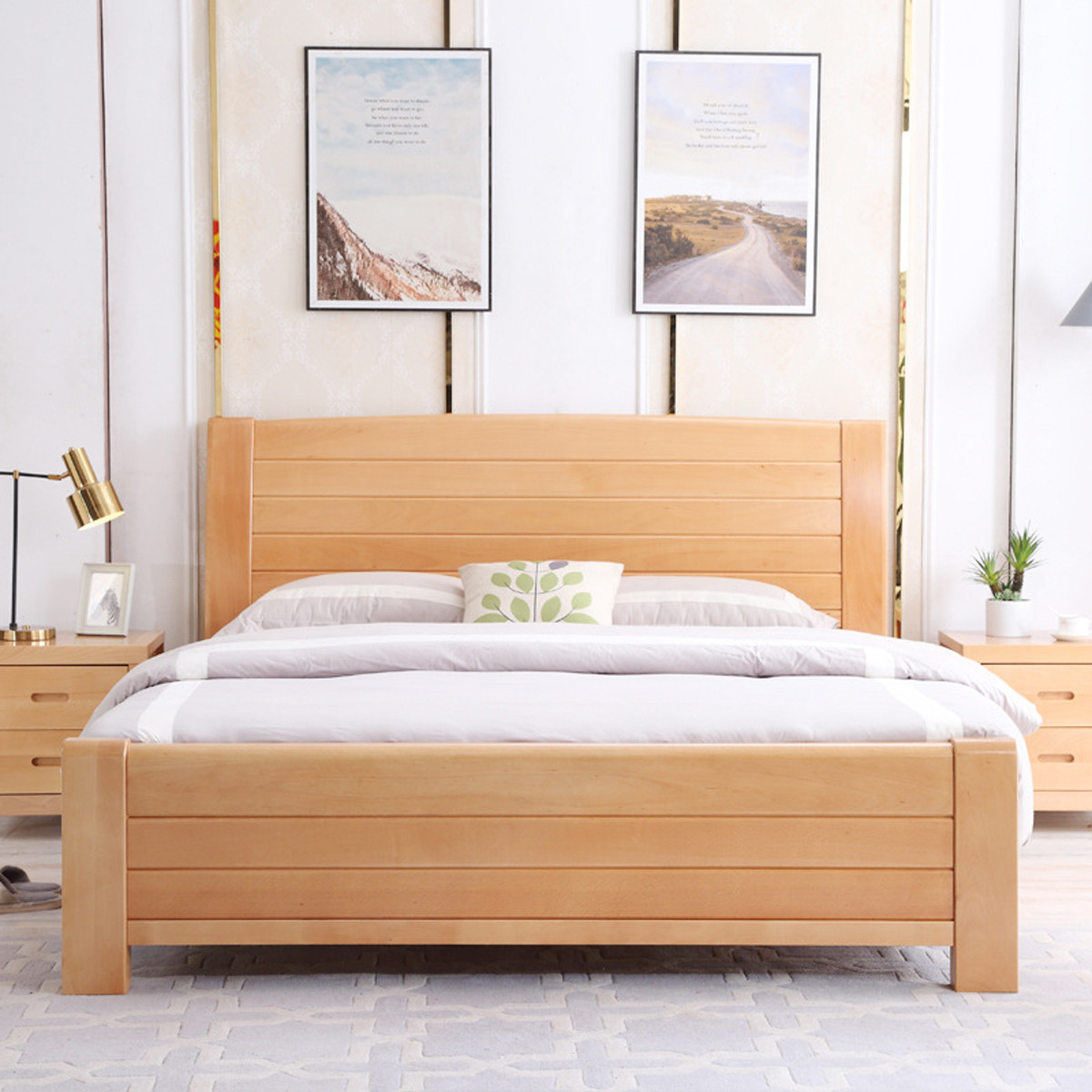 榉木全实木床1.8米现代简约1.5m双人床主卧大床气压高箱储物婚床