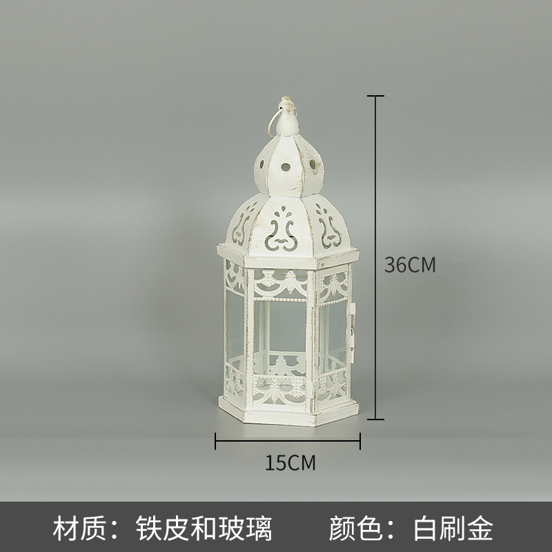 Blanco boda candelabro linterna boda carretera plomo accesorios atmósfera lámpara Marruecos viento lámpara decoración a prueba de viento vela pantalla