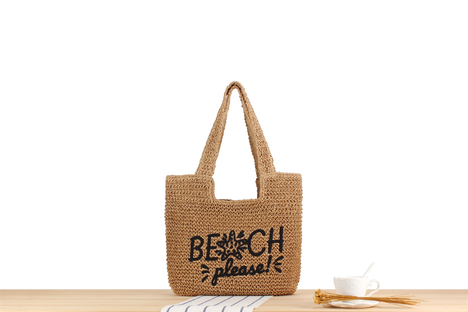 738g Weight Women's Beach Classic Style Solid Color Paper String Shopping Bags