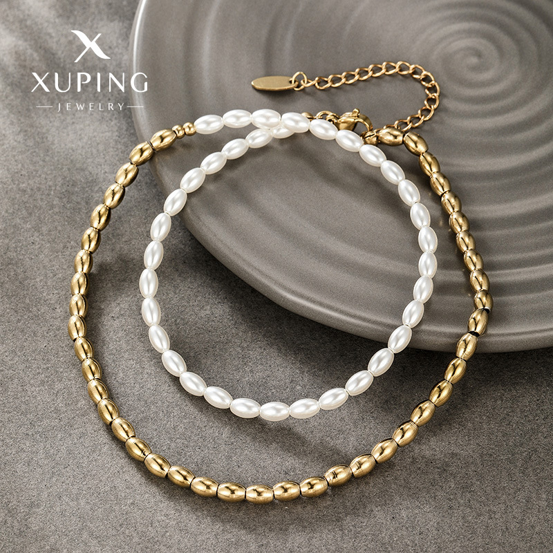 Xuping joyería de acero inoxidable cuentas de perlas collar de perlas de otoño y invierno de alta calidad sencillo arroz cuentas oval cadena de mujeres