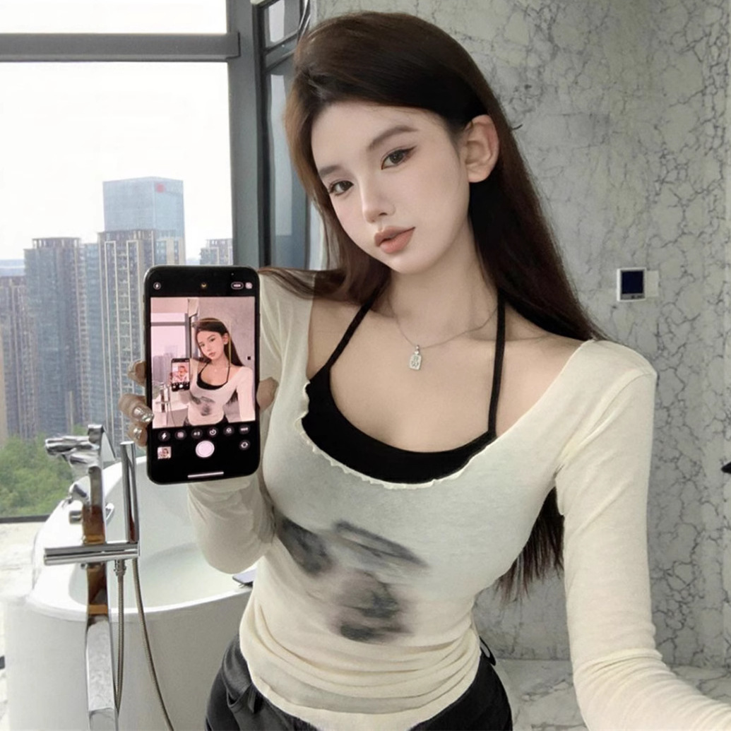 Heartbeat Sniper niche sexy smudged slim 긴팔 티셔츠 여성 초가을 로우 넥 타이 염색 슬림 탑 바닥 셔츠
