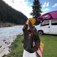 美式复古卡通印花加绒加厚连帽卫衣女2025秋新款宽松休闲百搭上衣