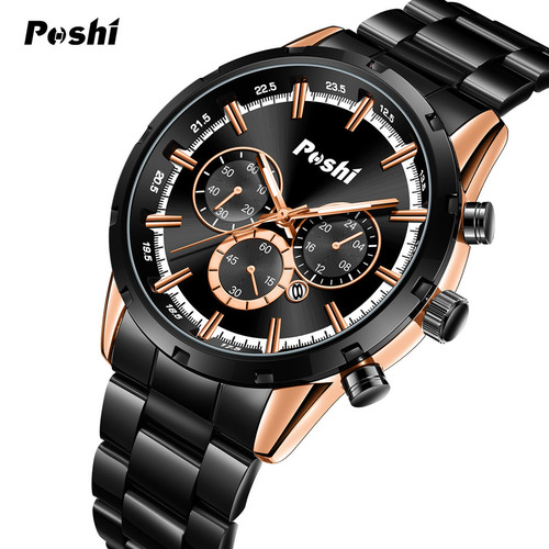 PoshiI cross-border new calendar fake three-eye decoration waterproof luminous men's quartz movement steel band men's watch