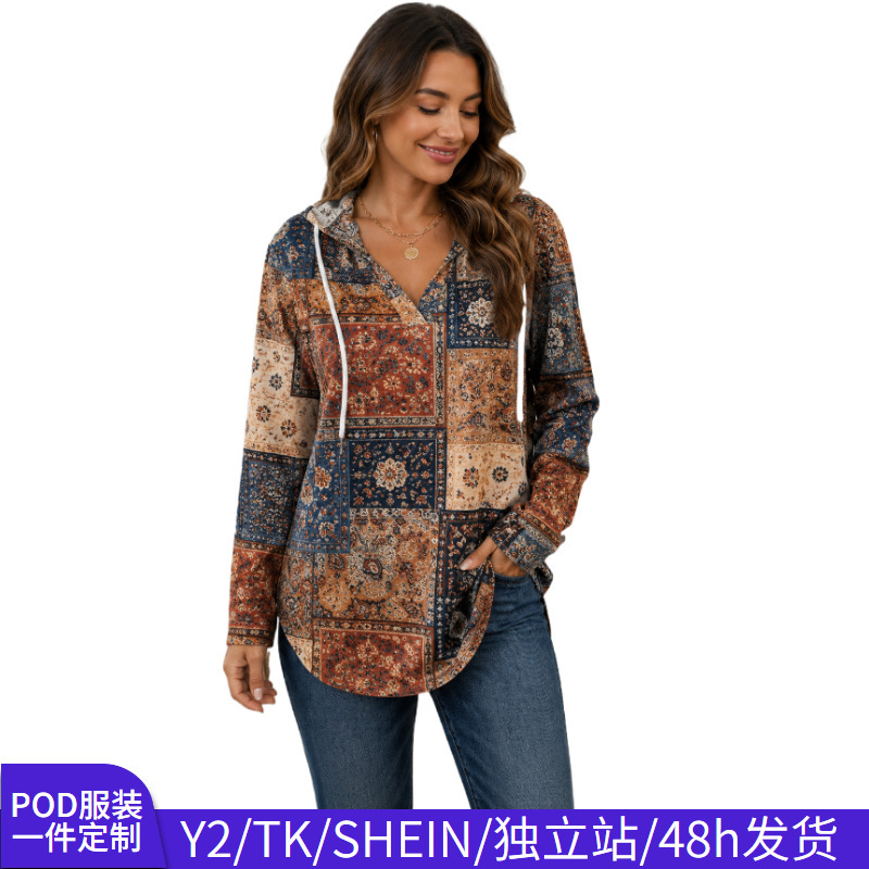 TK cross-border best-selling vintage ethnic style patchwork print long-sleeve V-neck hooded sweatshirt for women, available for dropshipping on independent platforms TK cross-border best-selling vintage ethnic style patchwork print long-sleeve V-neck hooded sweatshirt for women, available for dropshipping on independent platforms