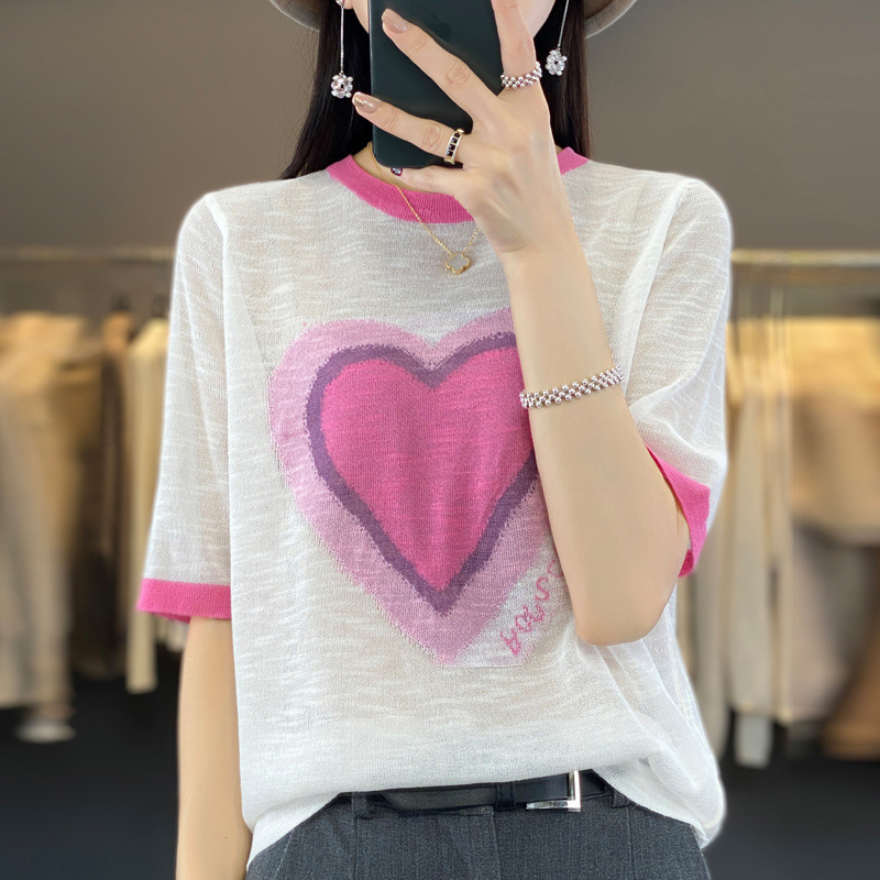 Linen Short-sleeved Love Pullover Top 2023 Summer New Korean Loose Slim Knitted Base Shirt Women's T-shirt