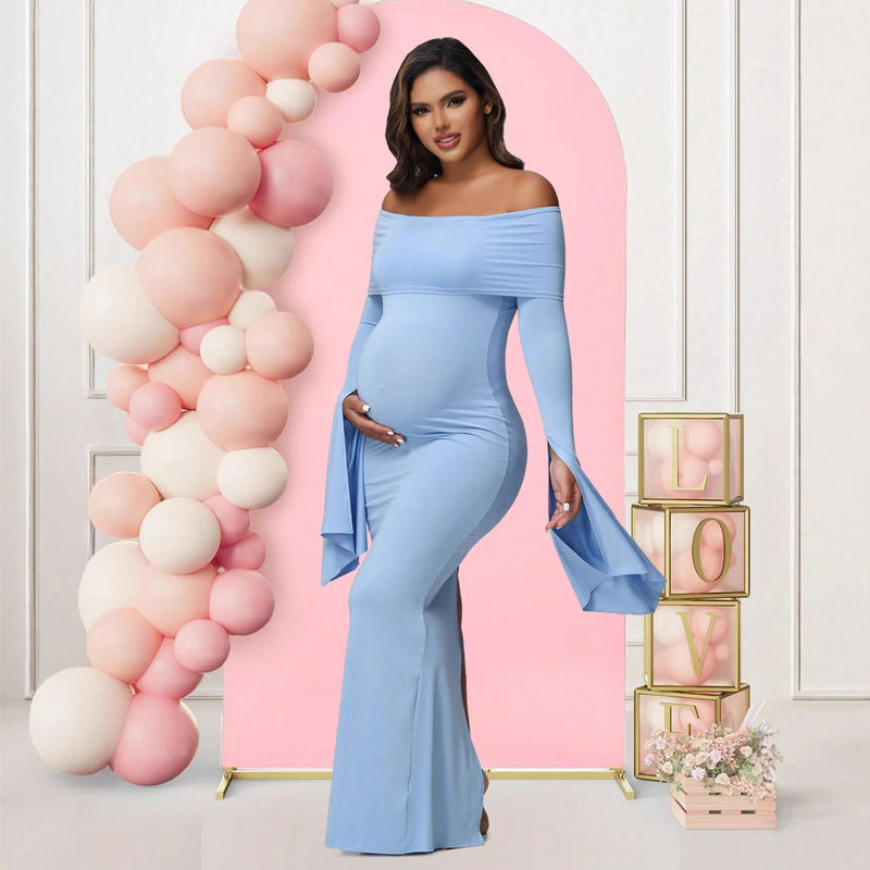 Maternity Wear Foreign Trade Trumpet Sleeve One-Shoulder Maternity Evening Dress Slim Fit Hip Slit Maternity Dress