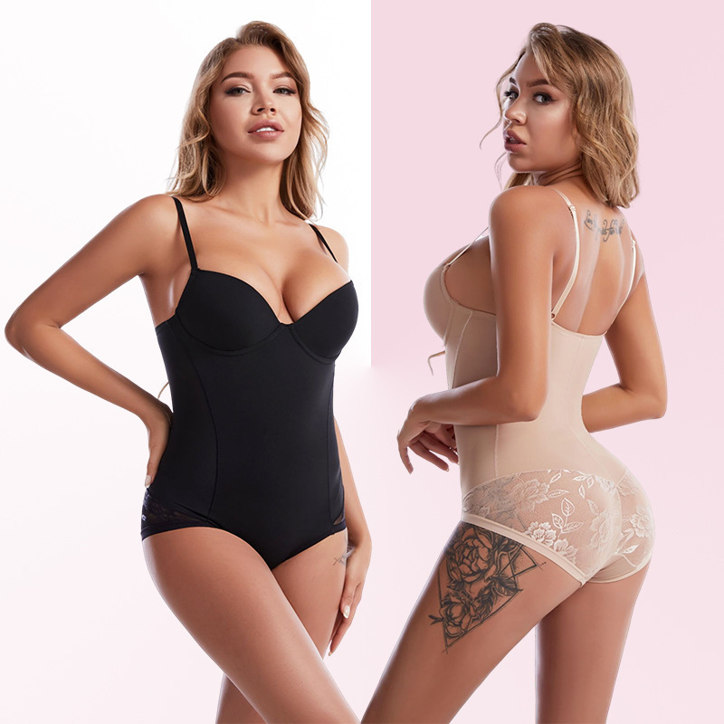 Foreign Trade New Style Lace Body Shaping Clothes Belly Tinting Hip Lifting Bodysuit with Bra Chest Deep V Body Shaping Bodysuit