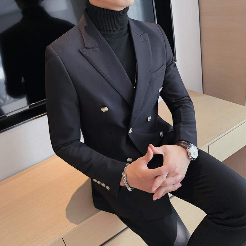 boy Boy 2024 Cross-Border Double-Breasted Business Suit Slim Fit Solid Color European And American Simple Men's Blazer Jacket_viptrois.com