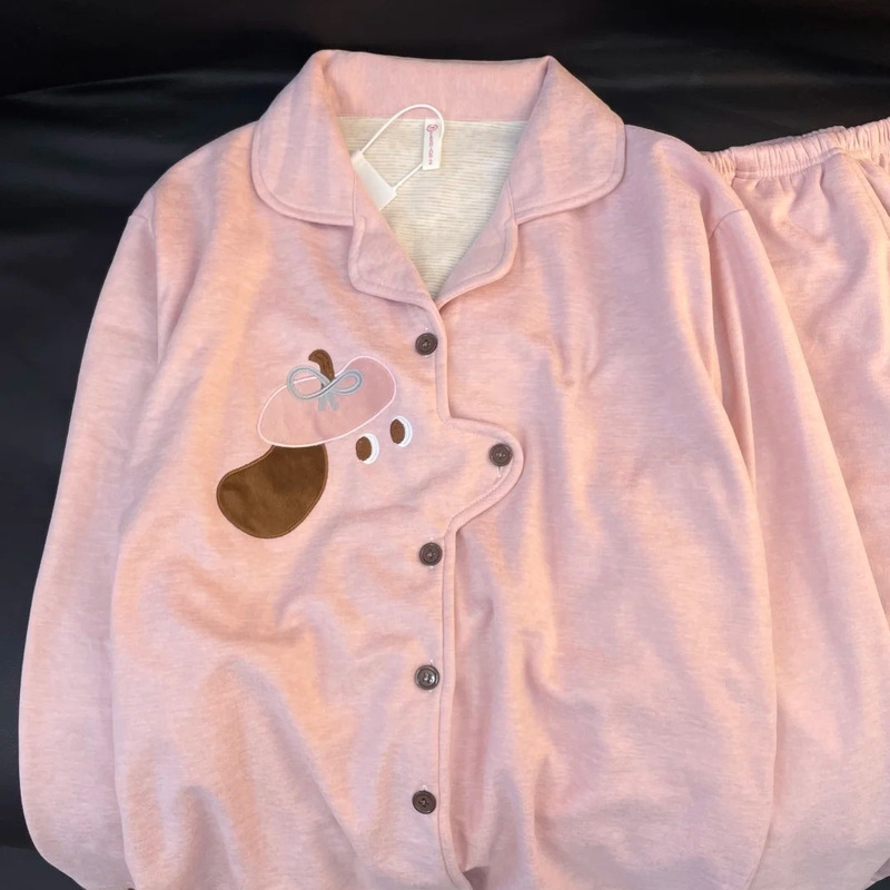 Cute puppy velvet pajamas for women, autumn and winter warm sweet cartoon long-sleeve home wear cardigan two-piece set
