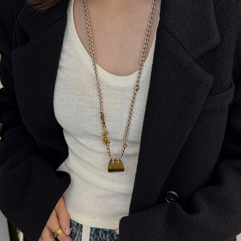 25g Weight Vacation Classic Style Geometric Tiger Eye Titanium Steel Obsidian Cord String Pendant Necklaces Wholesale