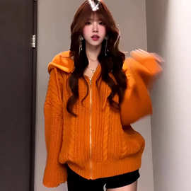 2025春秋美式复古慵懒风麻花针织连帽毛衣男女宽松多巴胺毛衫外套