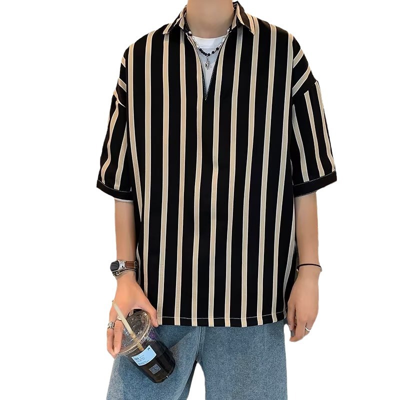 Camisa coreana de media manga para hombre de primavera y verano, camisa casual de manga corta hermosa de moda para hombre, chaqueta a rayas, manga tres cuartos
