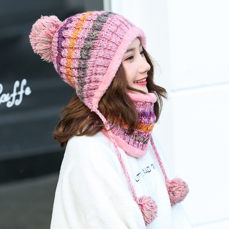 Unisex Women's outdoor winter fluffy and thickened cute Lei Feng hat Warm ear protection hairball bib cap Knit cap_voghion.com