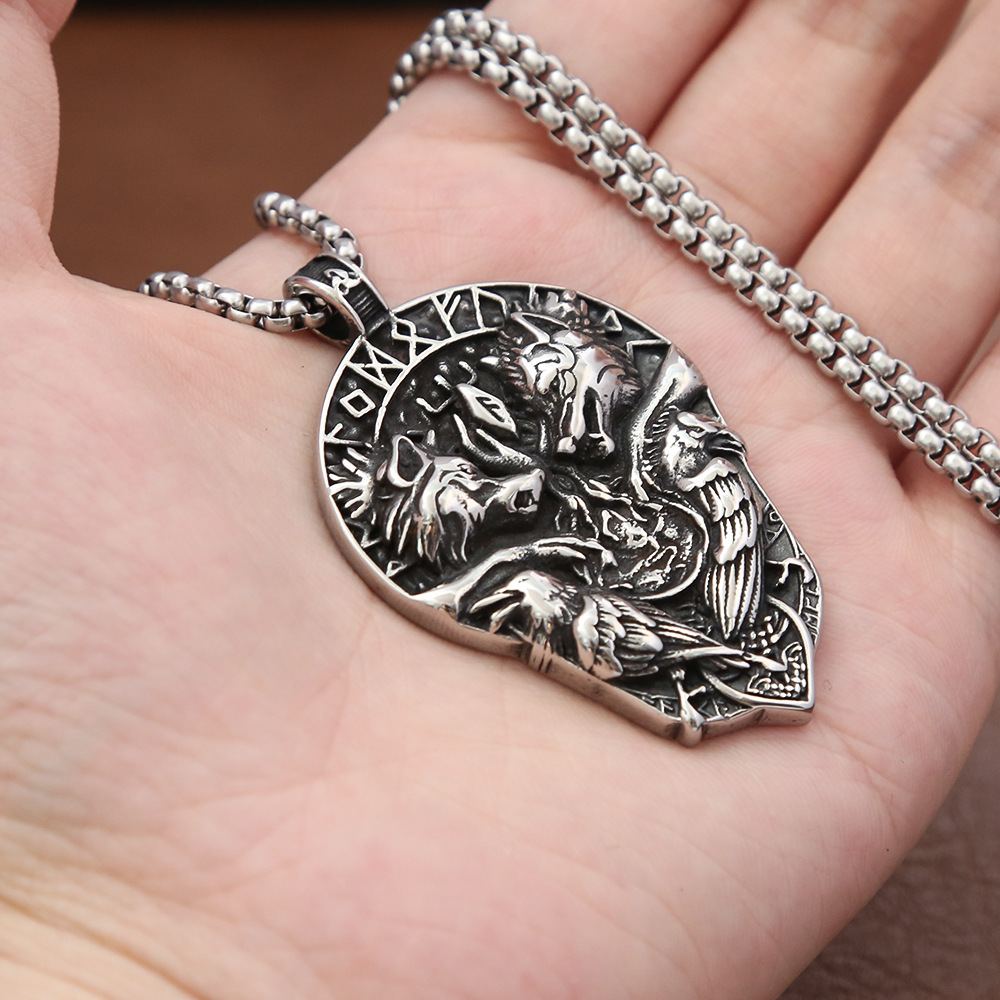 Stainless Necklace Men's Personalized Pendant Viking Double Wolf Titanium Steel Rune Jewelry_voghion.com