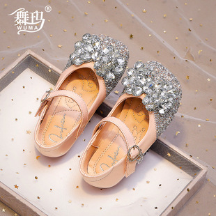 Girls Shoes Children Princess Crystal Shoes 2024 New Spring and Autumn Girls Shiny Rhinestone Soft-soled Autumn Leather Shoes