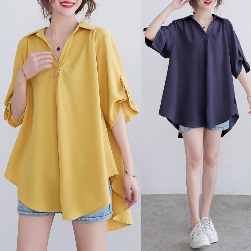 Designed V Neck Short-Sleeved Chiffon Shirt for Women Summer New Large Size Loose Fat mm Slimming Look Belly-Covering Chic Top