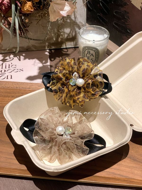 韩版新款豹纹欧根纱褶皱花朵蝴蝶结发夹弹簧夹高级感水钻发饰发夹|undefined