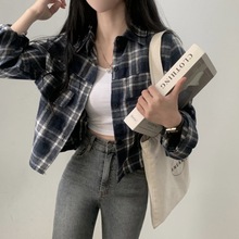 韩国chic秋季法式复古长袖磨毛格子衬衫女宽松休闲短款衬衣外套潮