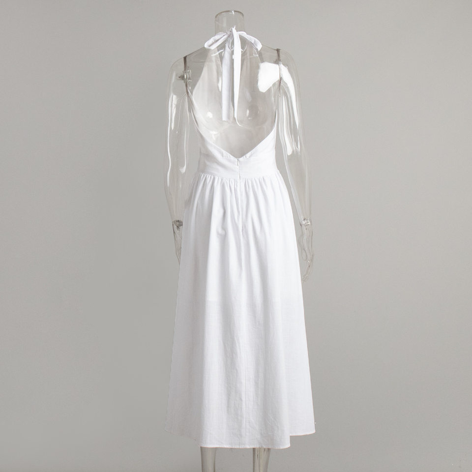 Đầm liền dáng dài 100% cotton cổ chữ V thắt eo buộc dây vạt xòe rộng — Màu mơ, Màu trắng, Màu xanh da trời, Màu xanh lá chi tiết 12