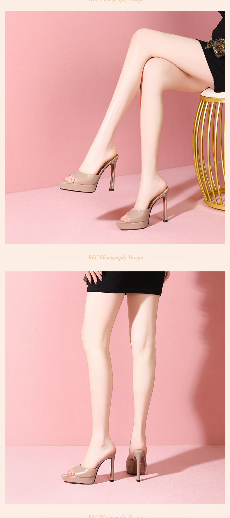Sandal cao gót nữ mũi nhọn hở ngón, đế xuồng platform, da thật, gót 10 cm — Trần truồng 10㎝ chi tiết 9