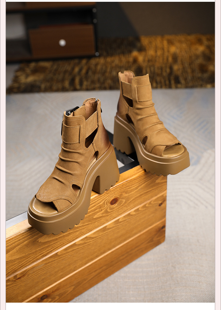 Sandal nữ gót thô miệng cá đế chống nước, tăng chiều cao 10 cm — Màu đen chi tiết 13