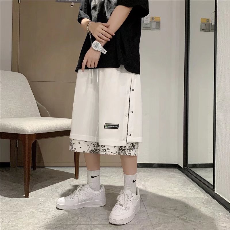 American-Style Paisley Button-Up Shorts for Men, Trendy Brand Ins Hip-Hop High Street Loose Trendy Fake Two-Piece Mid-Length Shorts