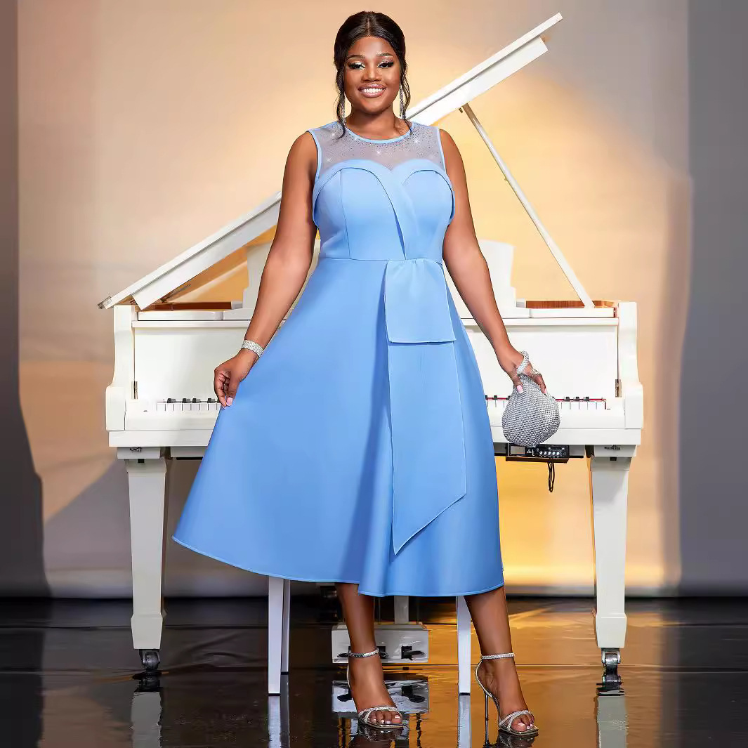 Vêtements pour femmes jupe ample en maille épissée jupe trapèze grande taille robe de soirée sans manches_voghion.com